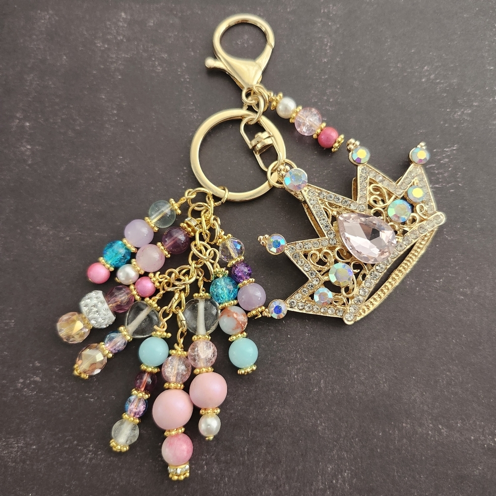 Crown Purse Charm Rhinestones Glass Rondels Handcrafted - Picture 3 of 4